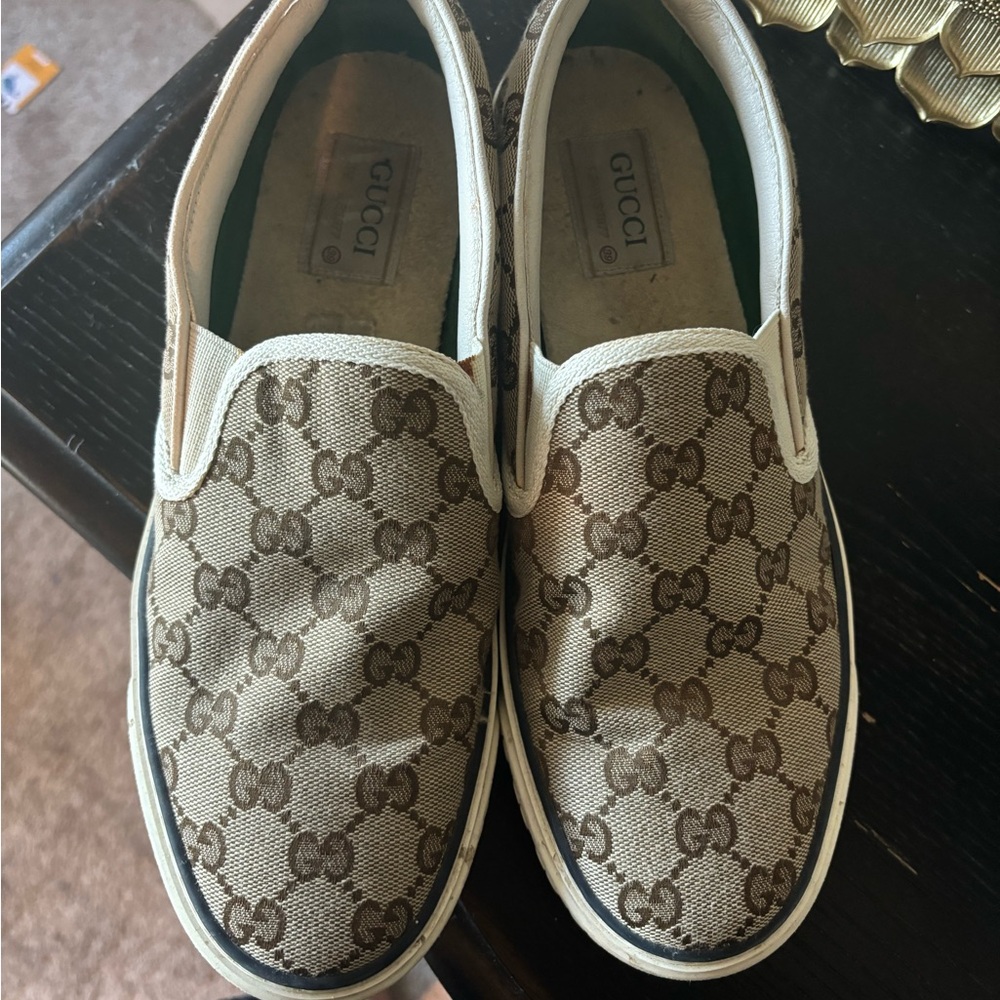 Gucci Beige and Brown Monogram Slip-Ons